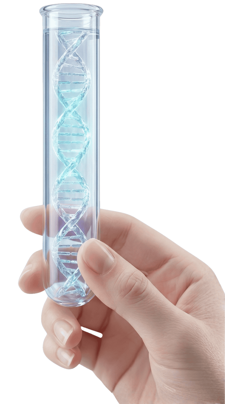 Prueba de ADN — tubo de ensayo con doble hélice
