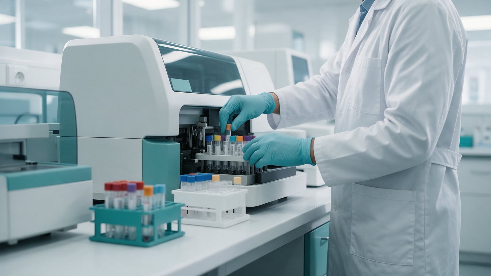 Laboratorio clínico procesando muestras en un analizador automatizado